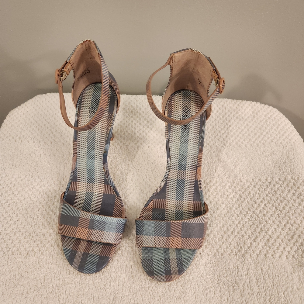 Call It Spring Blue and Brown Plaid Heels